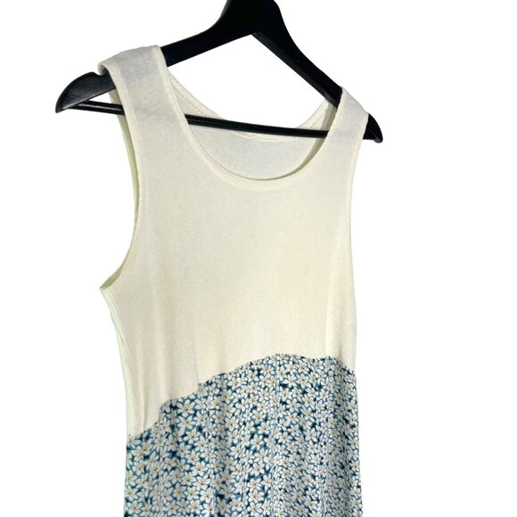 Vintage 90s Off White Blue Floral Short Sleeveless Sundress Medium - Picture 2 of 11